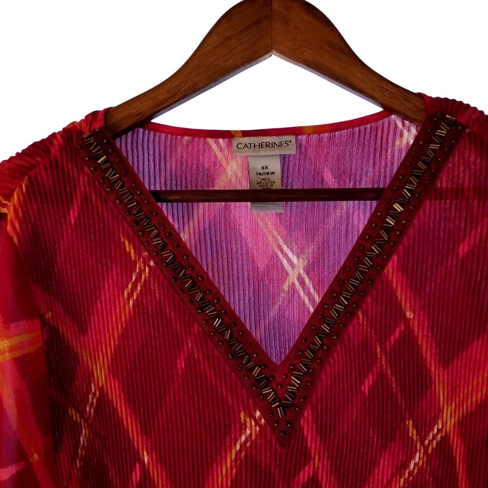 Catherines Red Plaid Beaded V-Neck Pleated Tunic‎ Top Plus Size 0X 14/16W - Picture 8 of 12